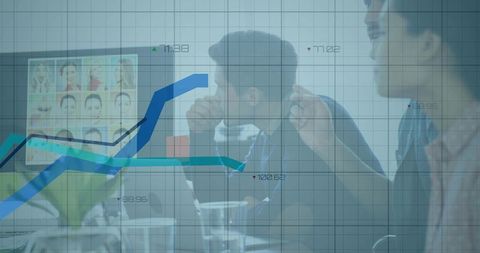Team analyzing business data with dynamic line graph overlay for forecasting and strategy
