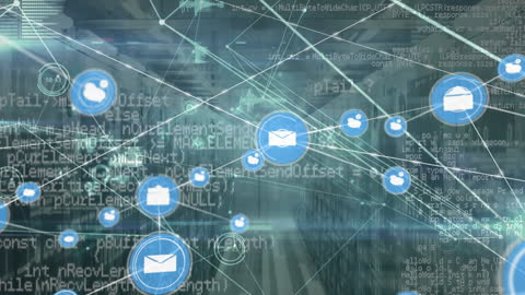 Digital Networking Graphic Over Server Room with Code Background