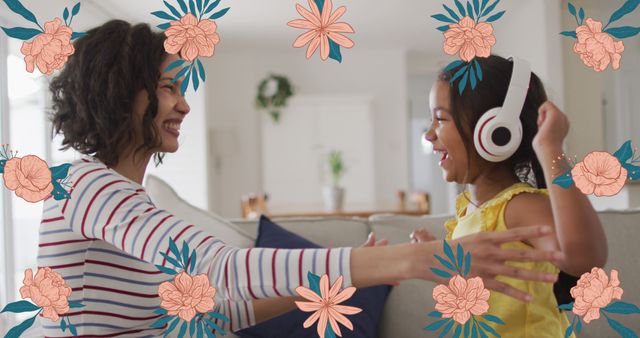 Mother and Daughter Smiling Wearing Headphones and Floral Frame - Download Free Stock Images Pikwizard.com