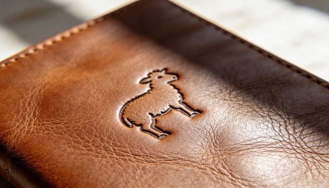 Handcrafted brown leather journal with debossed sheep logo closeup showing rich grain