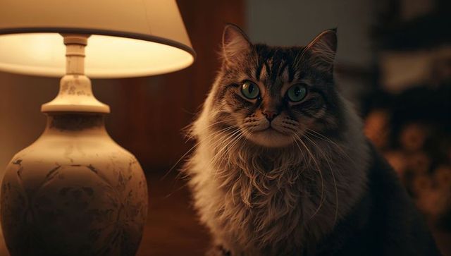 Longhaired Tabby Cat Sitting and Gazing by Warm Ceramic Lamp on Wooden Nightstand