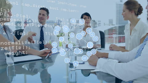 Diverse Team Meeting with Digital Data Interface Overlay