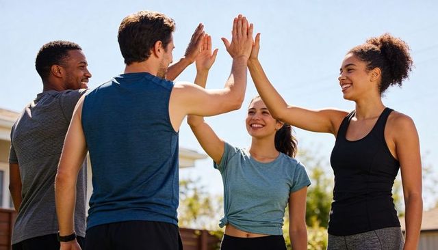Group of friends high-fiving after outdoor workout celebrating team fitness and wellness