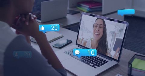 Remote video call with smiling presenter on laptop and social engagement overlays