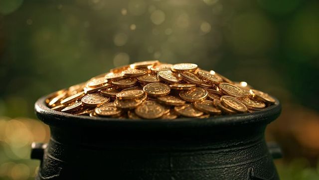 Sunlit cast-iron cauldron overflowing with embossed gold coins glinting in garden bokeh