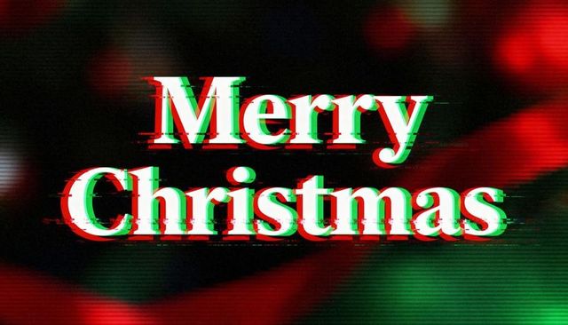 Glitch Merry Christmas Typography with Red Green Chromatic Aberration and Bokeh Lights