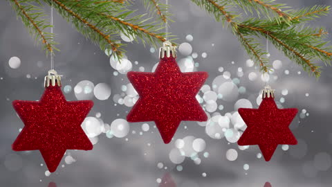 Festive Red Star Ornaments Hanging on Evergreen Branch