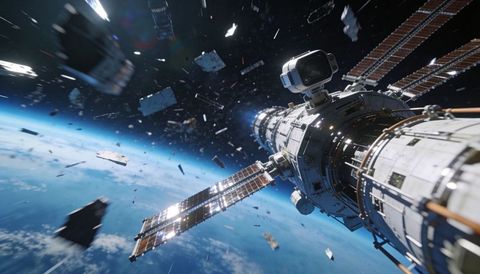 Space station module drifting through orbital debris field above earth with solar arrays