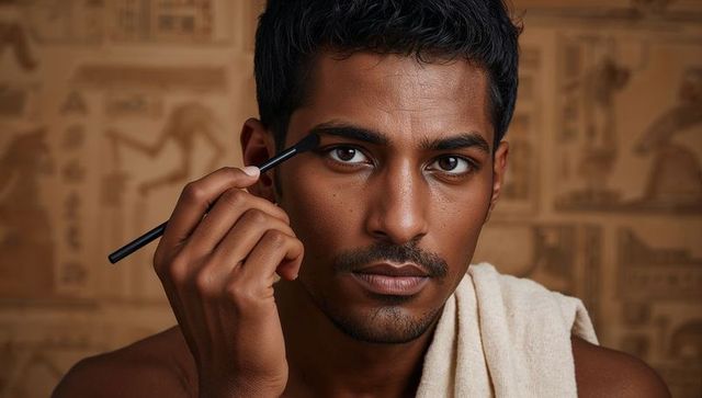 Indian man applying eyebrow makeup with brush, towel on shoulder, hieroglyph background