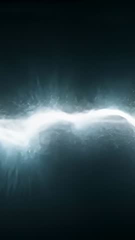 Pulsing neon waveform sweeping teal backdrop emitting sparks and floating particles