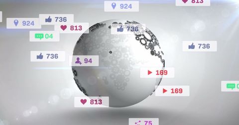 Social media interactions around globe with gears icons