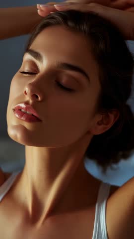 Close-up vertical video showing relaxed woman in white top practicing mindfulness on bed