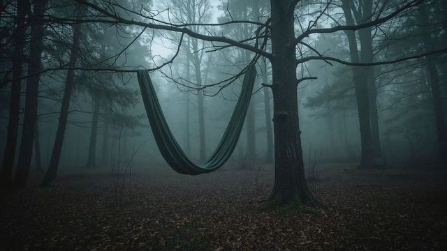 Mysterious green hammock in misty forest setting nature's stage