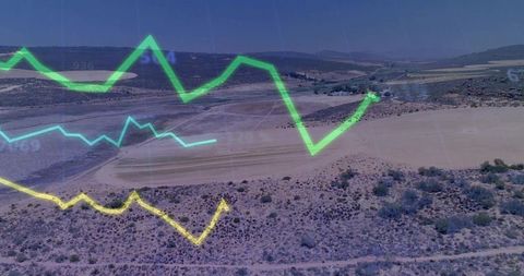 Line graphs overlaying desert landscape depicting analytics