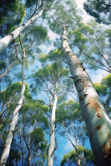 Tall eucalyptus trees reach towards the sky in a lush forest. Their towering trunks and lofty canopies evoke a sense of tranquility and the majesty of nature.