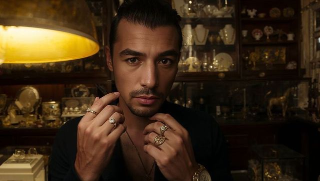 Confident man wearing gold rings and pendant facing camera in vintage jewelry boutique