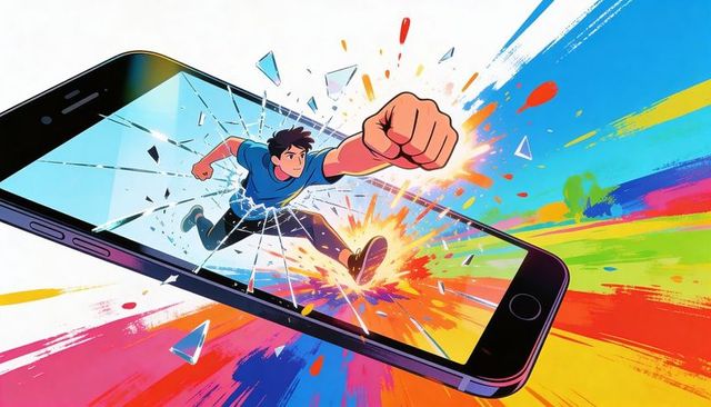 Young hero bursting through smartphone screen with color splash and shattered glass