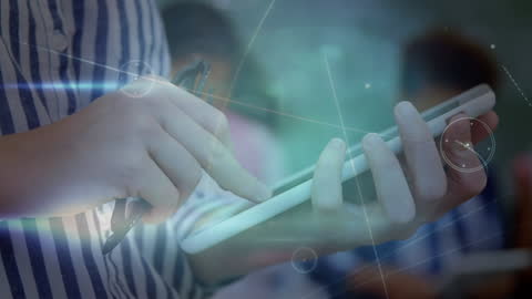 Hands Using Smartphone with Digital Connections Overlay