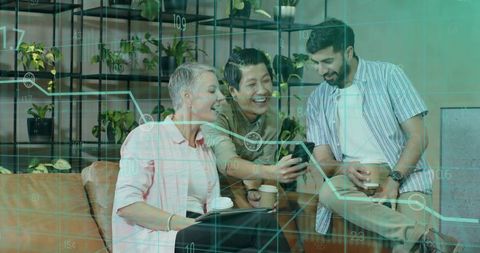 Coworkers Analyzing Graph on Smartphone in Modern Office Lounge