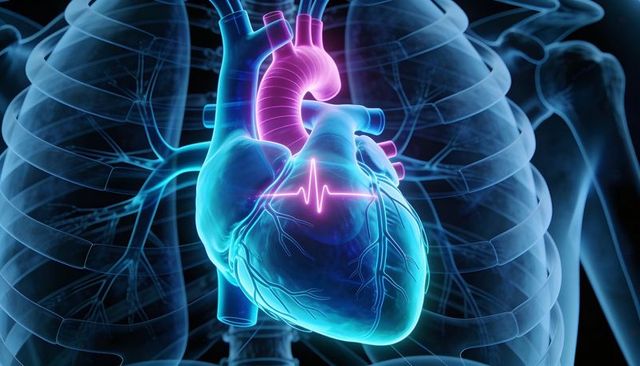 Glowing human heart with coronary vessels and neon ecg overlay in thoracic cavity