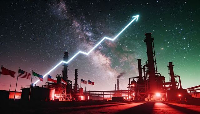 Neon growth arrow over nighttime oil refinery under milky way sky energy sector rise concept