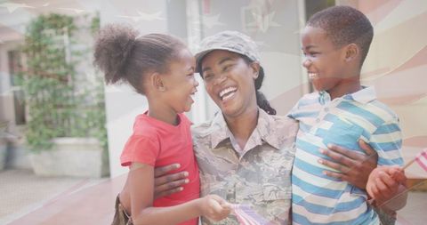 Military Mother Reuniting with Children Celebrating Patriotism