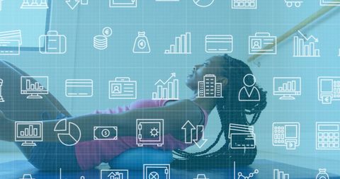 African American Woman Exercising with Digital Data Overlay