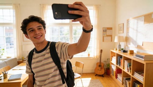 Teen student taking selfie in sunlit dorm room with backpack, bookshelf and guitar