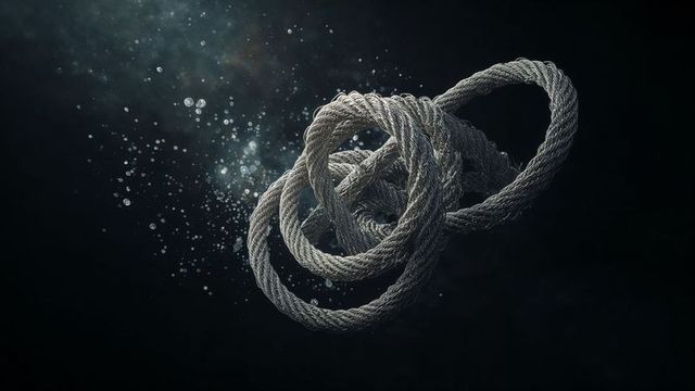 Braided rope forming intricate knot in deep underwater scene