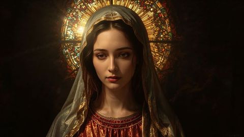 The virgin mary woman in reverence draped in red robe and veil with stained glass halo