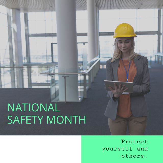 Caucasian Female Engineer Using Tablet for National Safety Month - Download Free Stock Templates Pikwizard.com