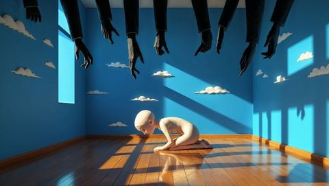 Symbolic kneeling child under surreal upside-down world - shy concept