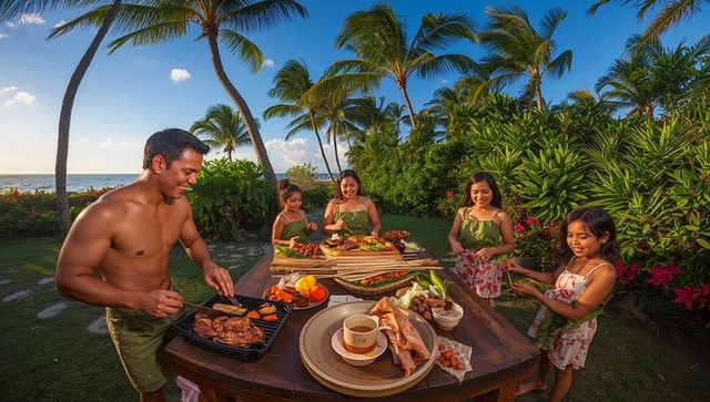 Family enjoying tropical beachside barbecue at sunset grilling and serving fresh food