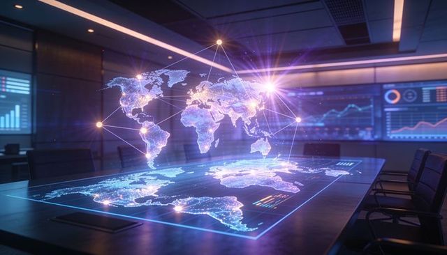 Holographic global network projection over conference table for data strategy & analytics