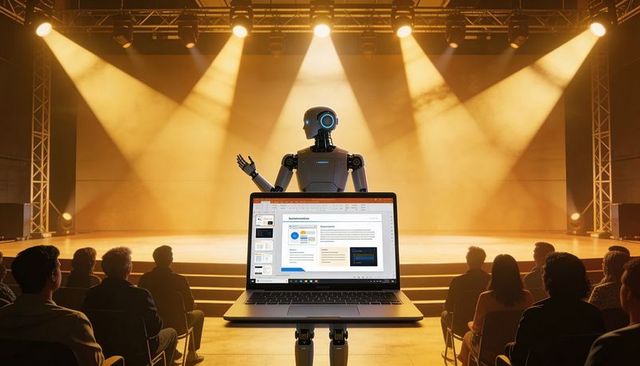 Humanoid robot presenting on stage with laptop podium under warm theater spotlights