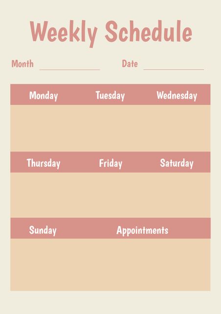 This pastel weekly schedule layout is perfect for helping you plan your week in an organized way. With dedicated columns for each day and a section for appointments, this simple and aesthetic template is ideal for personal, family, or work schedules. Use it to keep track of important tasks, meetings, and events.
