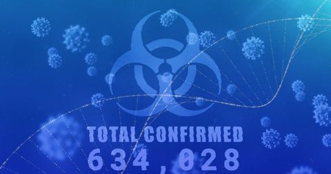 Global pandemic concept with covid-19 cells and biohazard symbol