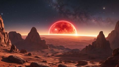 Rising Red Planet Illuminating Alien Valley at Night