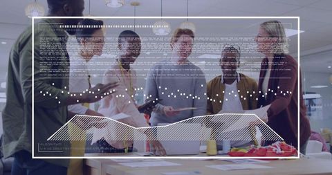 Business Team Collaborating Over Printed Prototypes with Augmented Reality Overlay