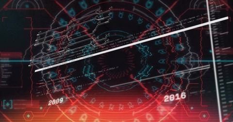 Rotating Cyber Timeline HUD with Neon Analytics and Code Overlay