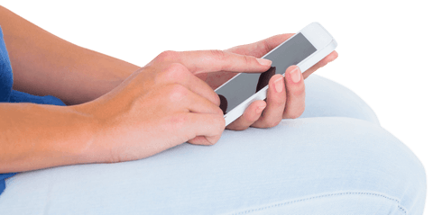 Hands operating smartphone on transparent background