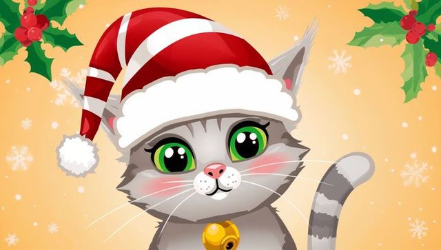 Cute Grey Tabby Kitten Wearing Santa Hat and Bell Collar on Orange Holiday Background