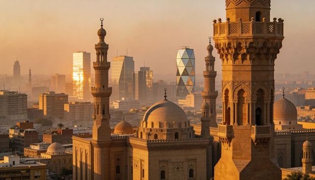Golden-hour skyline with historic mosque domes and minarets against glass tower