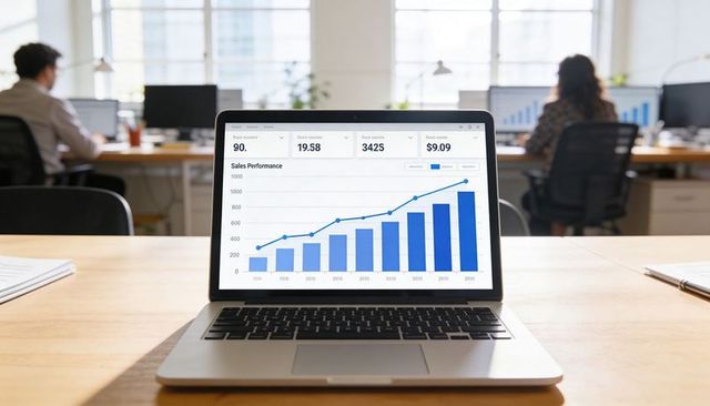 Laptop displaying sales dashboard with rising bar and line chart in modern office