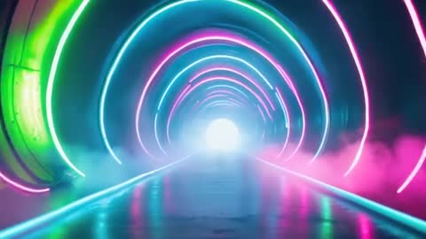 Futuristic Neon Tunnel with Mist and Vivid LED Arches