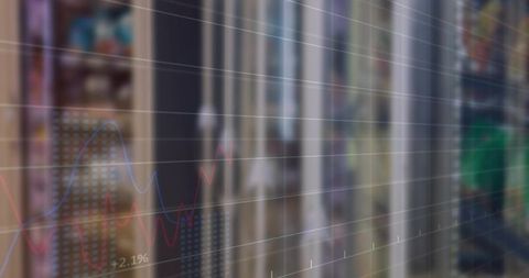Displaying financial data overlay on blurred server racks with grid axes and rising trend lines