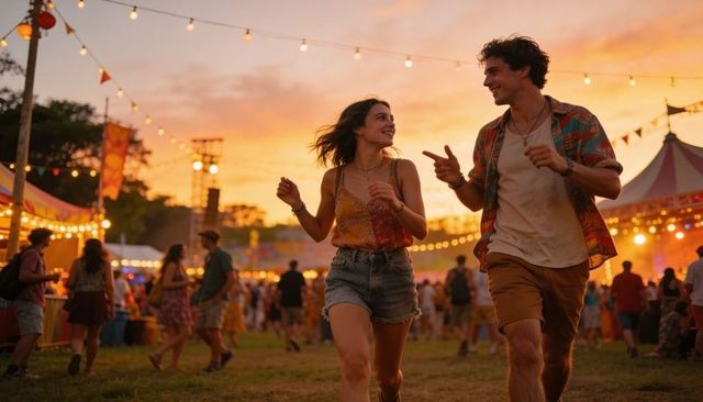 Sunset festival couple walking and laughing under string lights at outdoor carnival