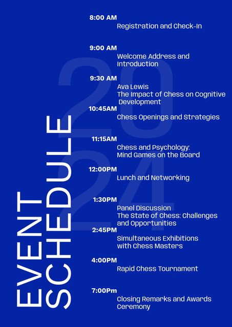 Detailed schedule presents times and topics at a chess-focused event featuring workshops and tournaments. Suitable for promoting chess festivals, educational seminars, and brain development programs. Highlights significant themes like cognitive development, psychology, and networking opportunities.