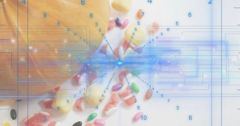 Peach and colorful candy merging with digital circuitry and numeric data burst neon overlay