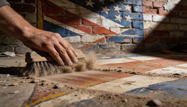 Conserving vintage stars and stripes floor: hand sweeping dust from painted flag tiles